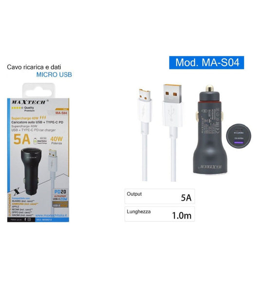 Kit Caricatore Auto Usb Ricarica Rapida 40 W 5a Cavo Dati Micro Usb 1 Mt Ma-s04         