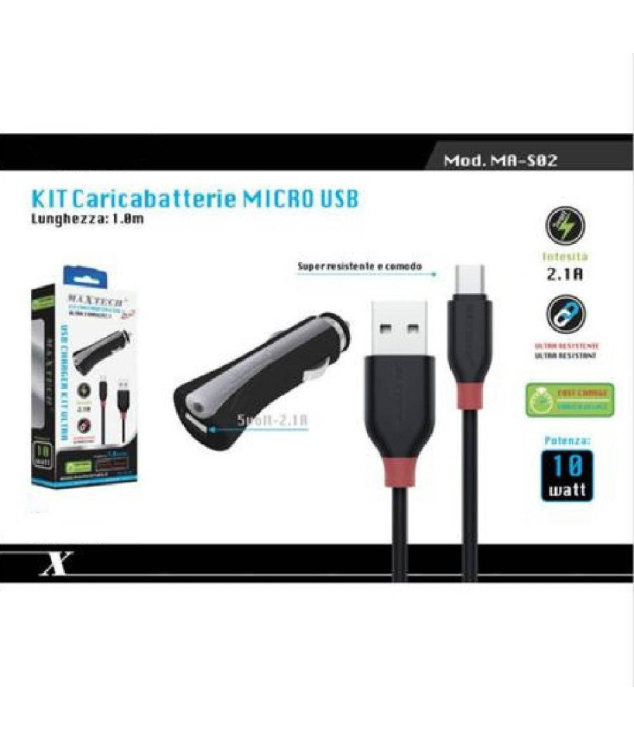 Kit Caricatore Carica Batterie Auto Con Cavo Micro Usb 1mt 10watt Ma-s02 Maxtech         