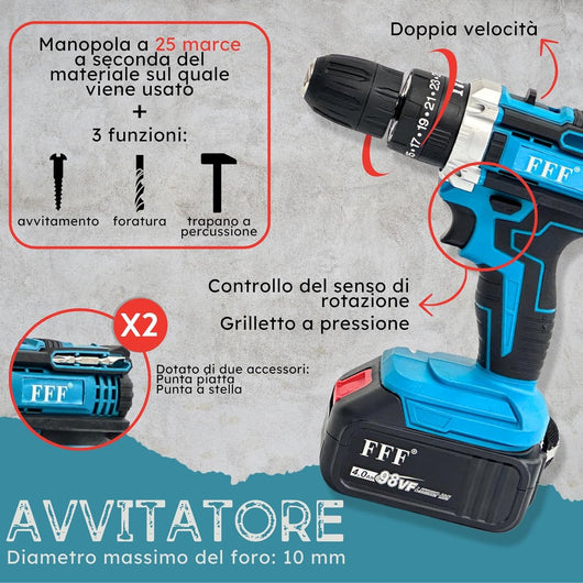 Kit Completo Professionale 4 in 1 con Trapano Avvitatore a Batteria