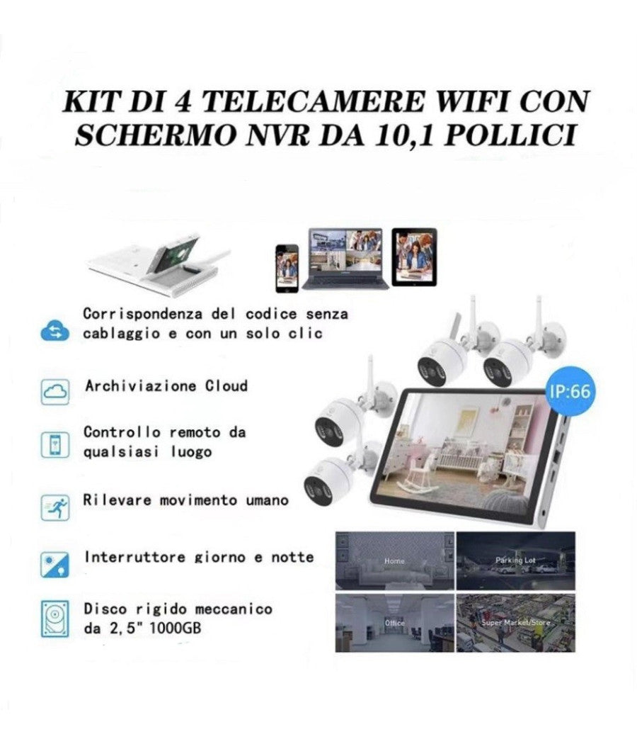 Kit Di 4 Telecamere Sorveglianza Wifi Ip66 Con Schermo Nvr 10.1" Tv-6125he 8+4         