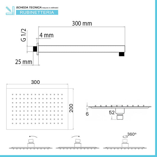 Kit doccia braccio 30 cm e soffione rettangolare 30x20 cm cromato lucido