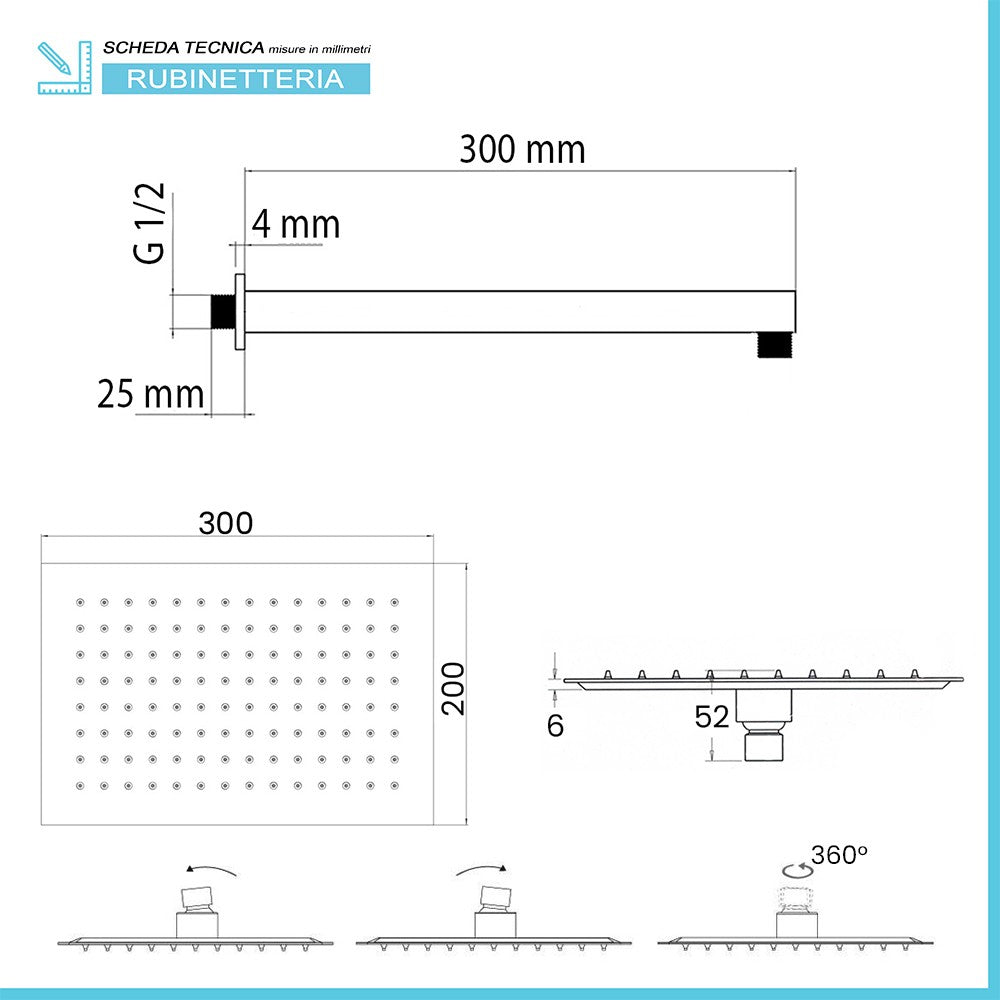 Kit doccia braccio 33 cm e soffione rettangolare 30x20 cm nero opaco