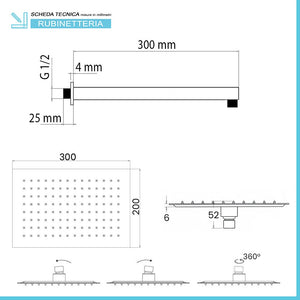 Kit doccia braccio 33 cm e soffione rettangolare 30x20 cm nero opaco