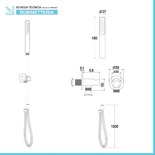 Kit doccia completo satinato in acciaio inox con doccetta in ottone 