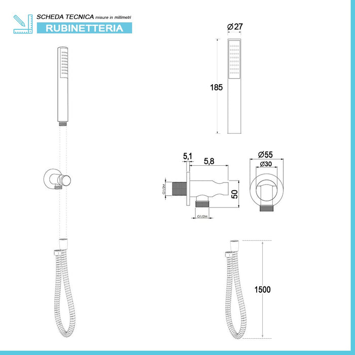 Kit doccia completo satinato in acciaio inox con doccetta in ottone 