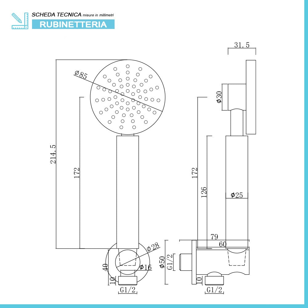 Kit doccia cromato con doccetta 8 cm e flessibile antitorsione 150 cm