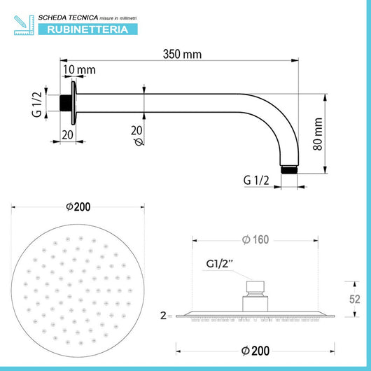 Kit doccia incasso cromato tondo con soffione 20 cm inox Recta