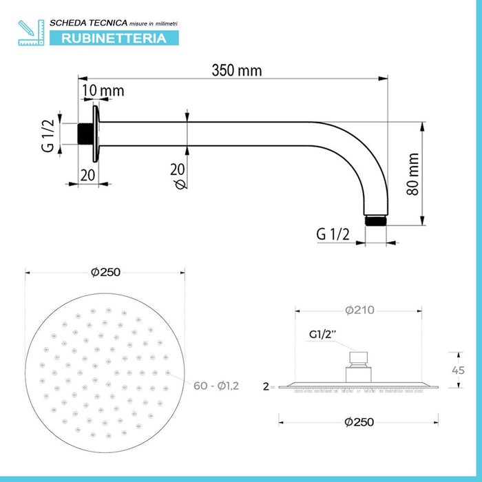 Kit doccia incasso cromato tondo con soffione 25 cm inox Recta