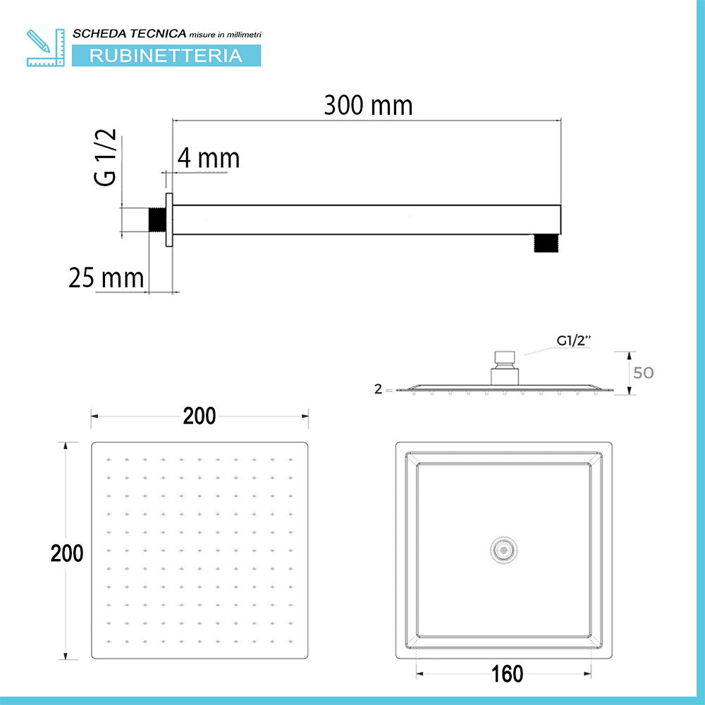 Kit doccia quadrato cromo set doccia + soffione acciaio 20x20 cm + braccio  30cm