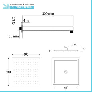 Kit doccia quadrato cromo set doccia + soffione acciaio 20x20 cm + braccio  30cm