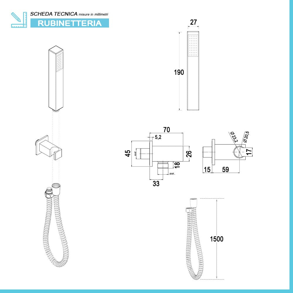 Kit doccia quadrato cromo set doccia + soffione acciaio 20x20 cm + braccio  30cm