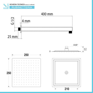 Kit doccia quadrato ottone cromo flex PVC + soffione acciaio inox 25x25 cm + braccio 40 cm 