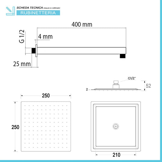 Kit doccia quadrato ottone cromo flex PVC + soffione acciaio inox 25x25 cm + braccio 40 cm 