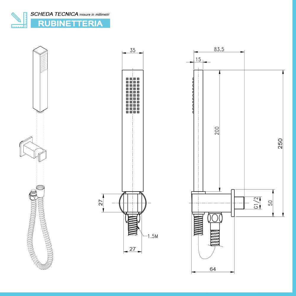 Kit doccia quadrato ottone cromo flex PVC + soffione acciaio inox 25x25 cm + braccio 40 cm 