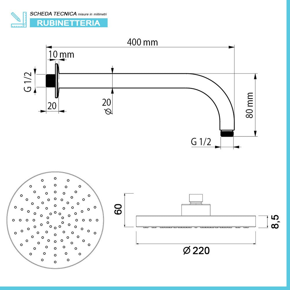 Kit doccia tondo cromo  con set doccia + soffione ABS 22 cm + braccio 40 cm