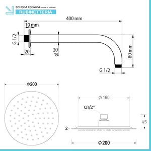 Kit doccia tondo cromo con set doccia + soffione acciaio 20 cm + braccio 40 cm