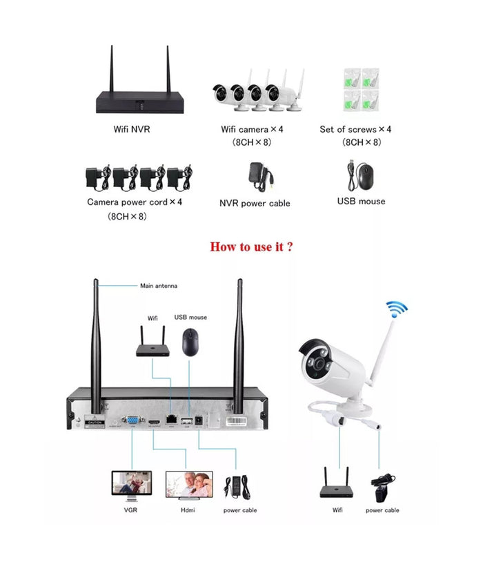 Kit Dvr Wireless Wifi 8 Canali Sistema Registrazione Cctv Hd 8 Telecamere Q-s8i         