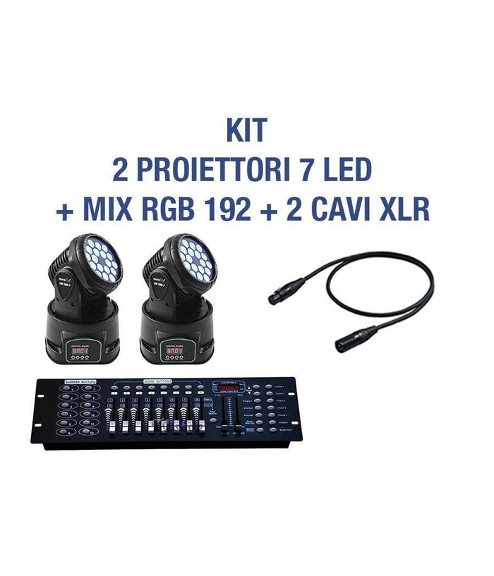 Kit Proiettore Led Rgb Testa Mobile Rotante 7 Led Dmx + Mixer Dmx Rgb 192         