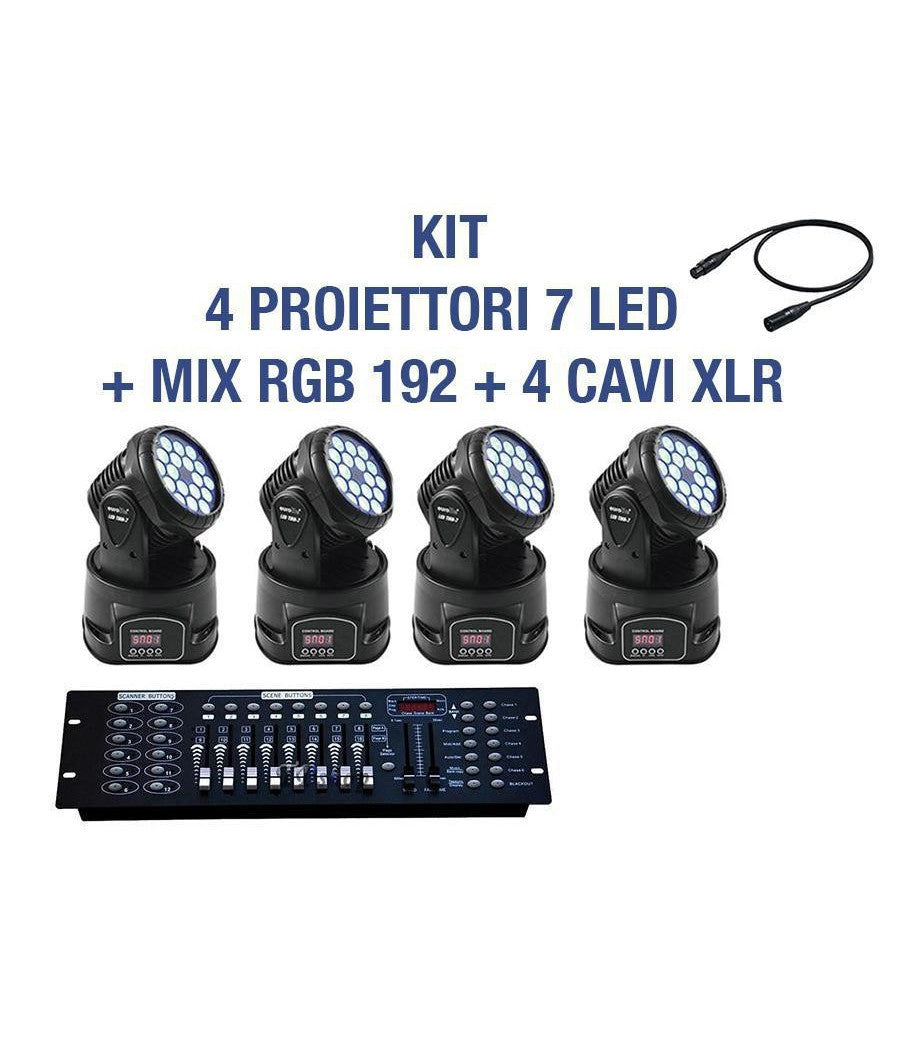 Kit Proiettore Led Rgb Testa Mobile Rotante 7 Led Dmx + Mixer Dmx Rgb 192         