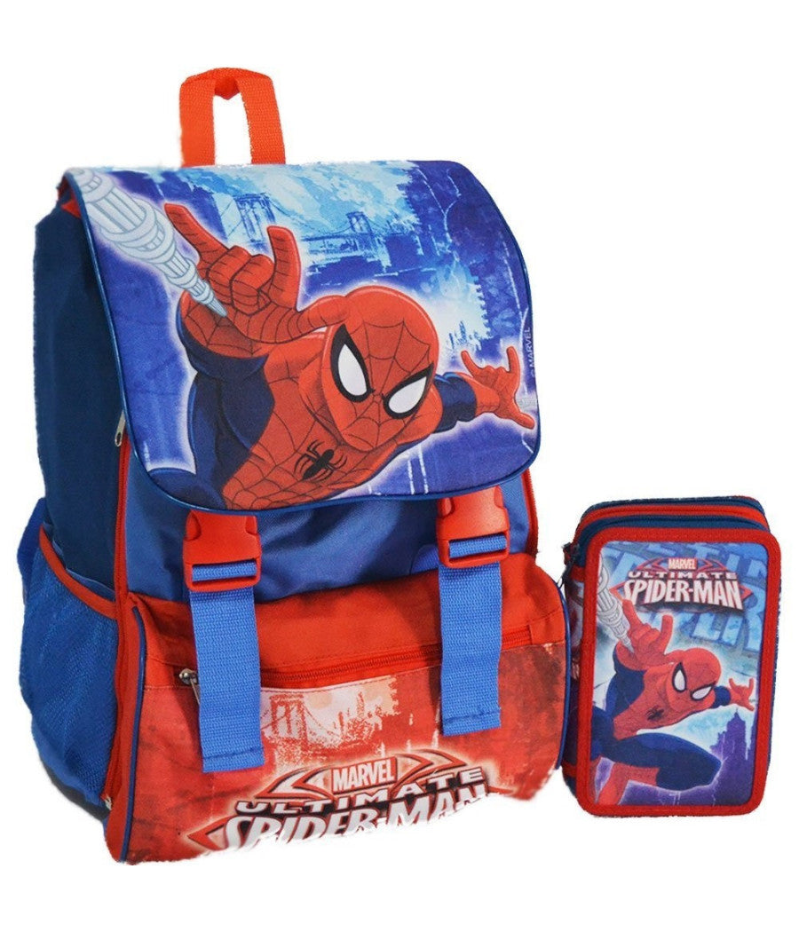 Kit Scuola School Pack Zaino Estensibile + Astuccio 3 Zip Marvel Spiderman         