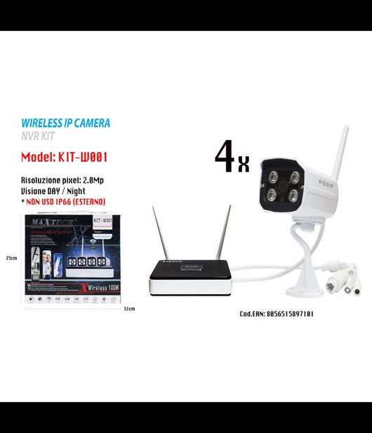 Kit Telecamere Videosorveglianza Wifi Wireless Hd Ip Nvr Fino 100m Maxtech Kit-w001         