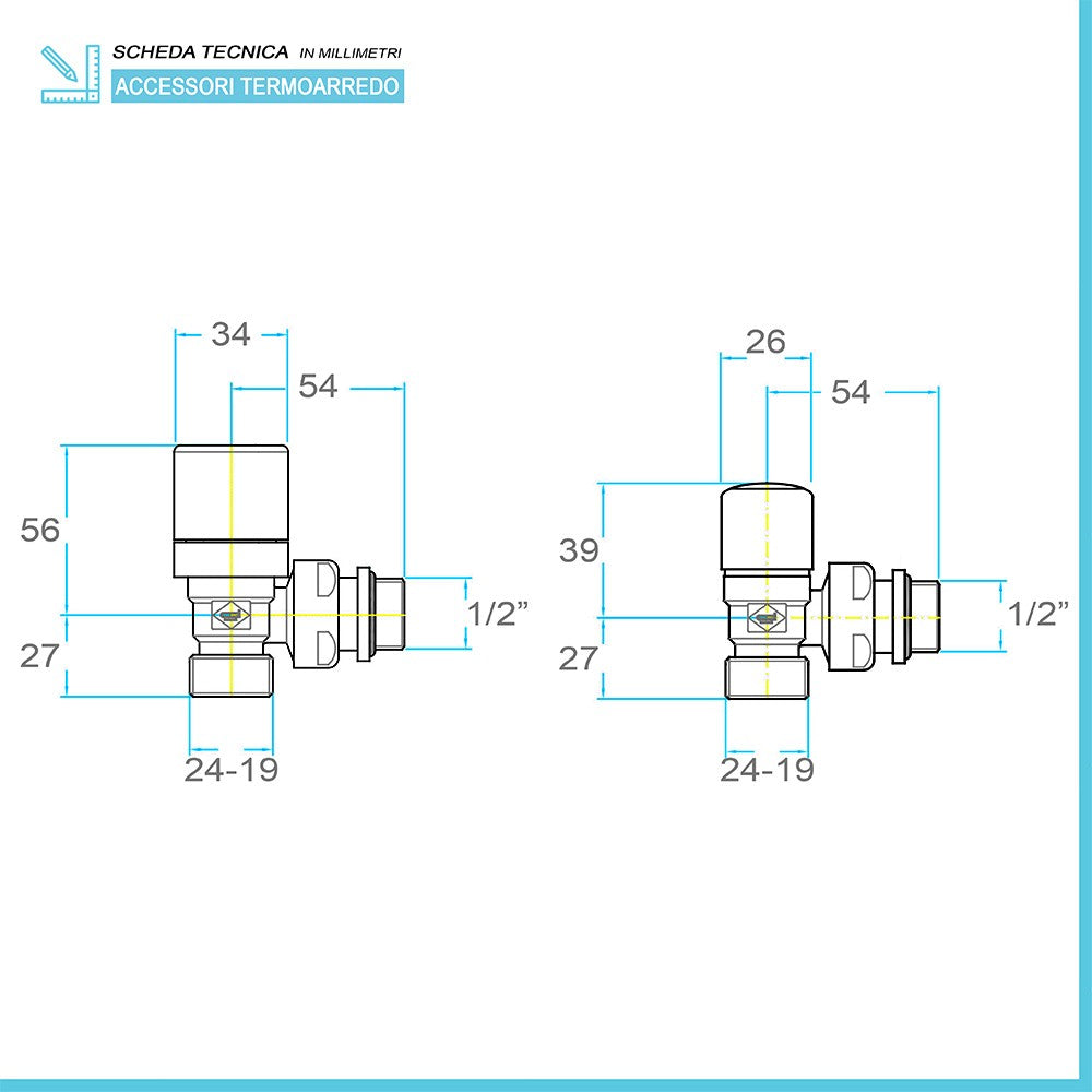 Kit valvola termostatica e detentore cromo con raccordi multistrato 20x2