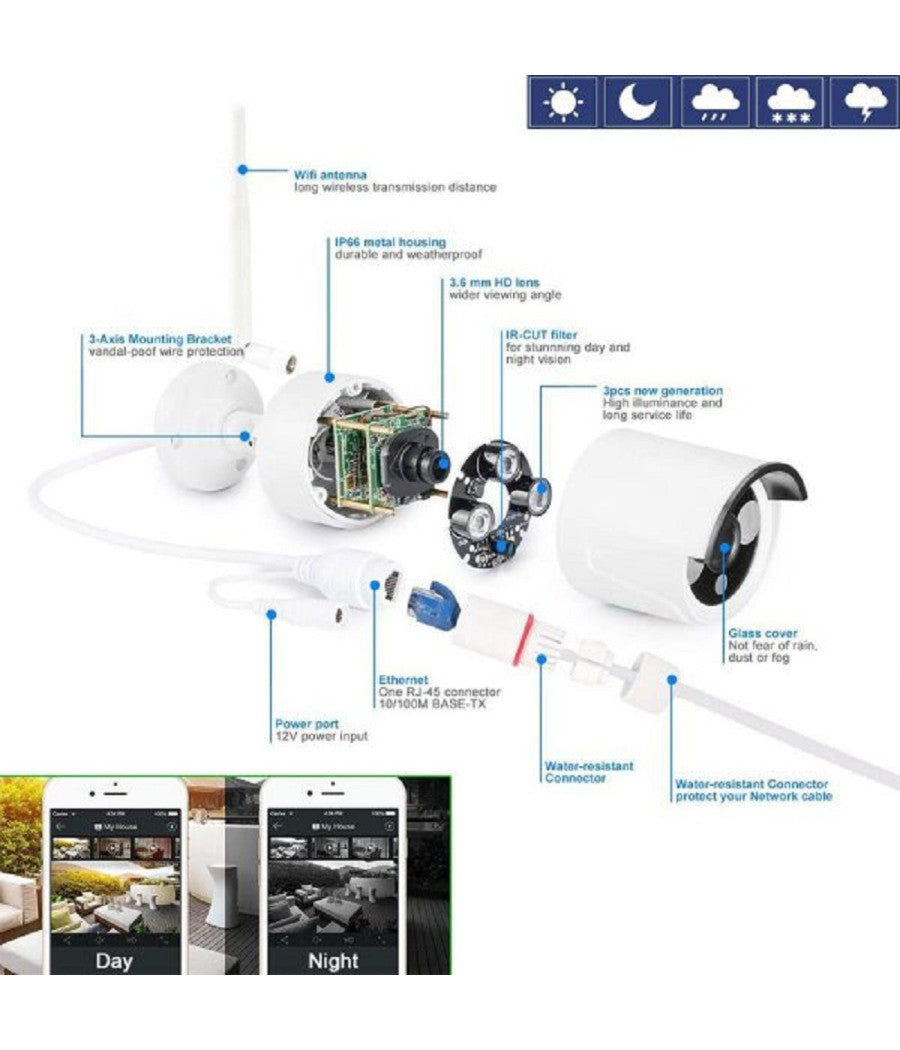 Kit Videosorveglianza Ip Wireless Nvr 8 Canali 8 Telecamere Ip Full Hd Wifi         