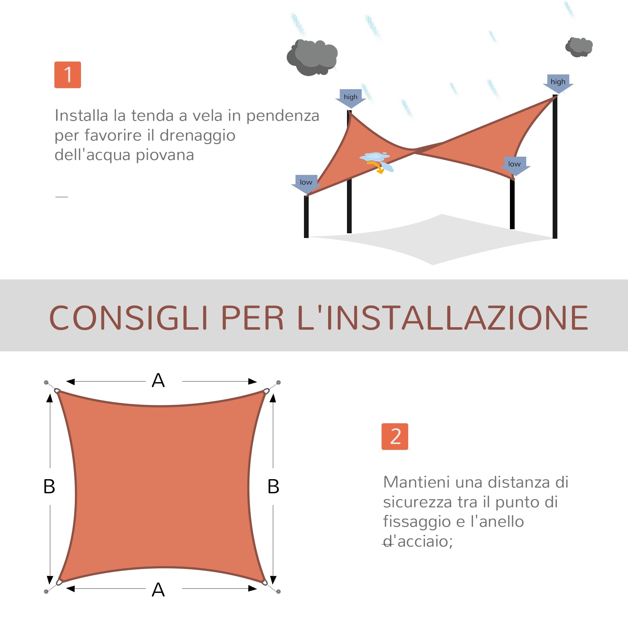 Tenda a Vela Rettangolare Resistente ai Raggi UV con Corda 4x6 m in PE e Acciaio Inox Rossa