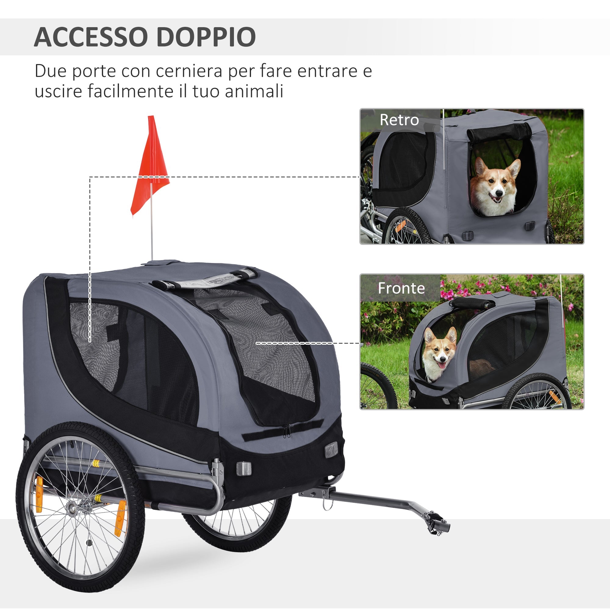 Rimorchio Bici per Cani Taglia Media con Finestre Laterali e Bandierina 130x73x90 cm  Grigio e Nero