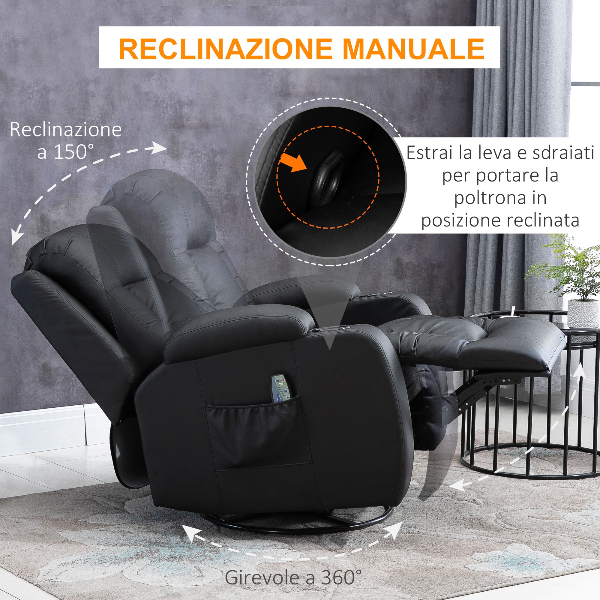 Poltrona Relax Elettrica Massaggiante e Riscaldata 1 Motore 85x94x104 cm in Similpelle Nera