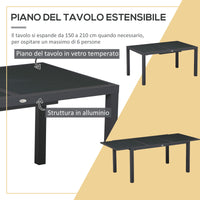 Set Tavolo Allungabile in Vetro e 6 Sedie da Giardino in Alluminio e Tessuto a Rete Grigio Scuro