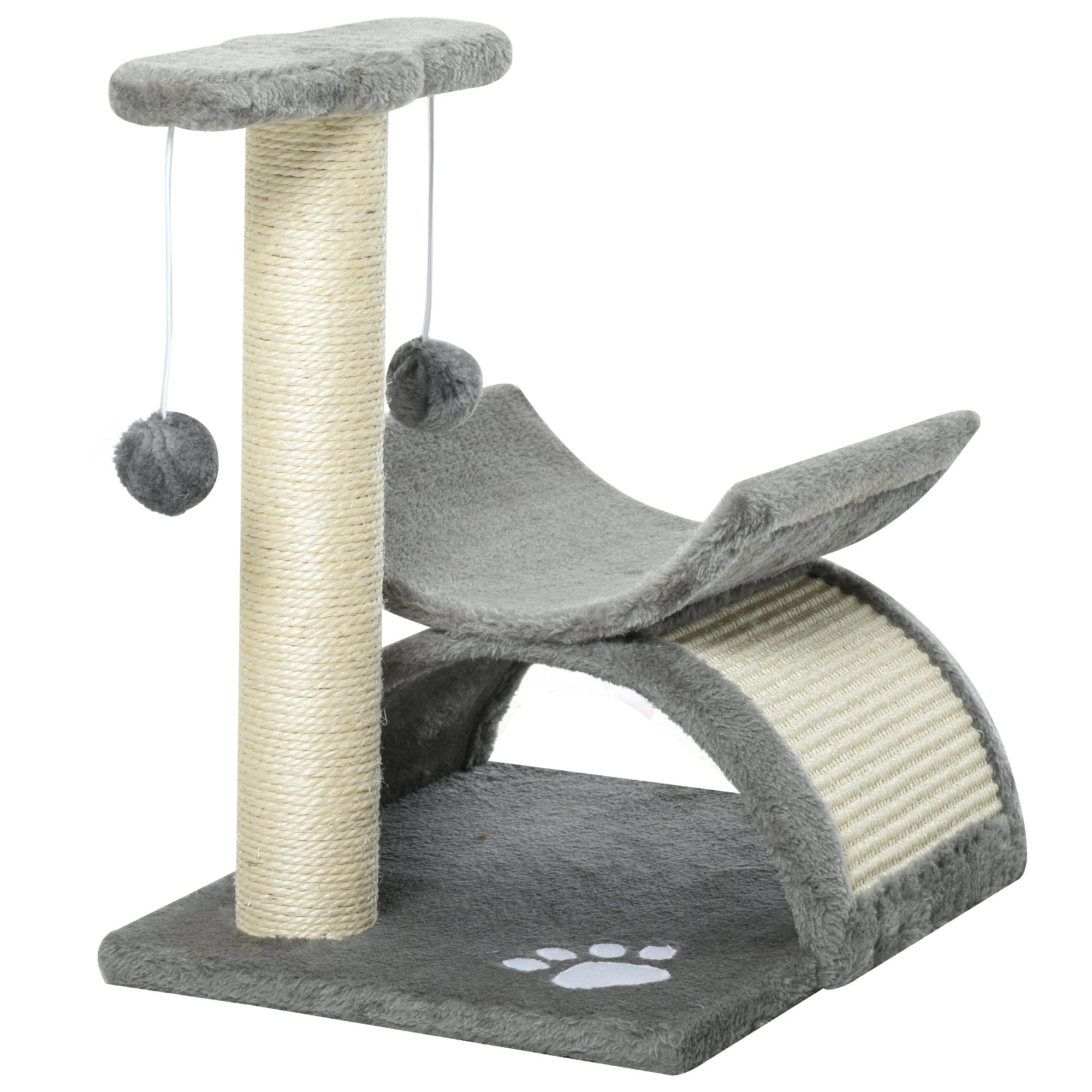 Albero Tiragraffi per Gatti Cuccia e 2 Palline 40x30x43 cm in Peluche con Palo in Sisal Grigio