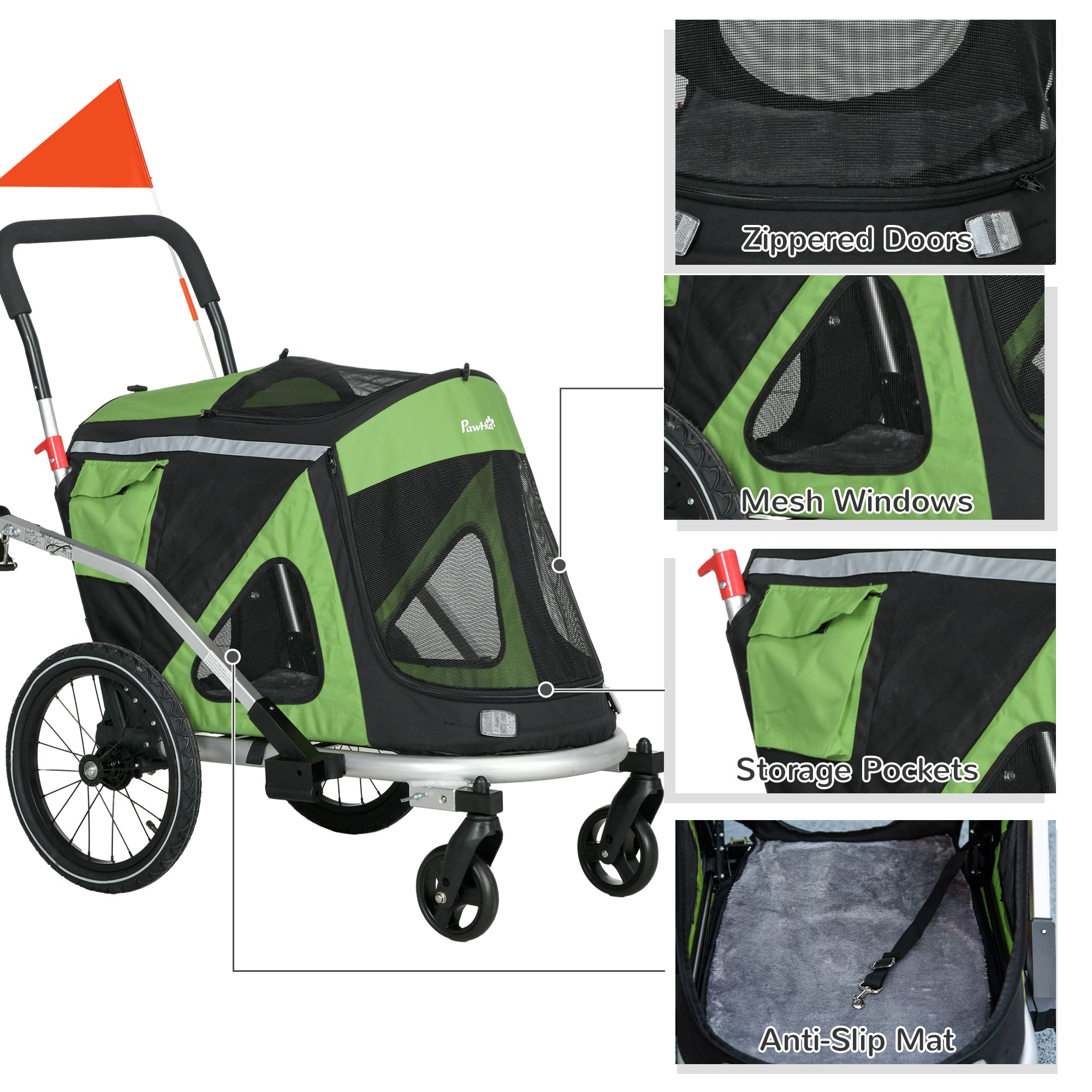 Carrello Rimorchio per Cani da Bicicletta 2 in 1 Pieghevole con Catarifrangenti e Bandierina Verde