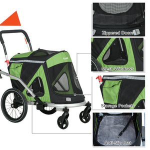 Carrello Rimorchio per Cani da Bicicletta 2 in 1 Pieghevole con Catarifrangenti e Bandierina Verde