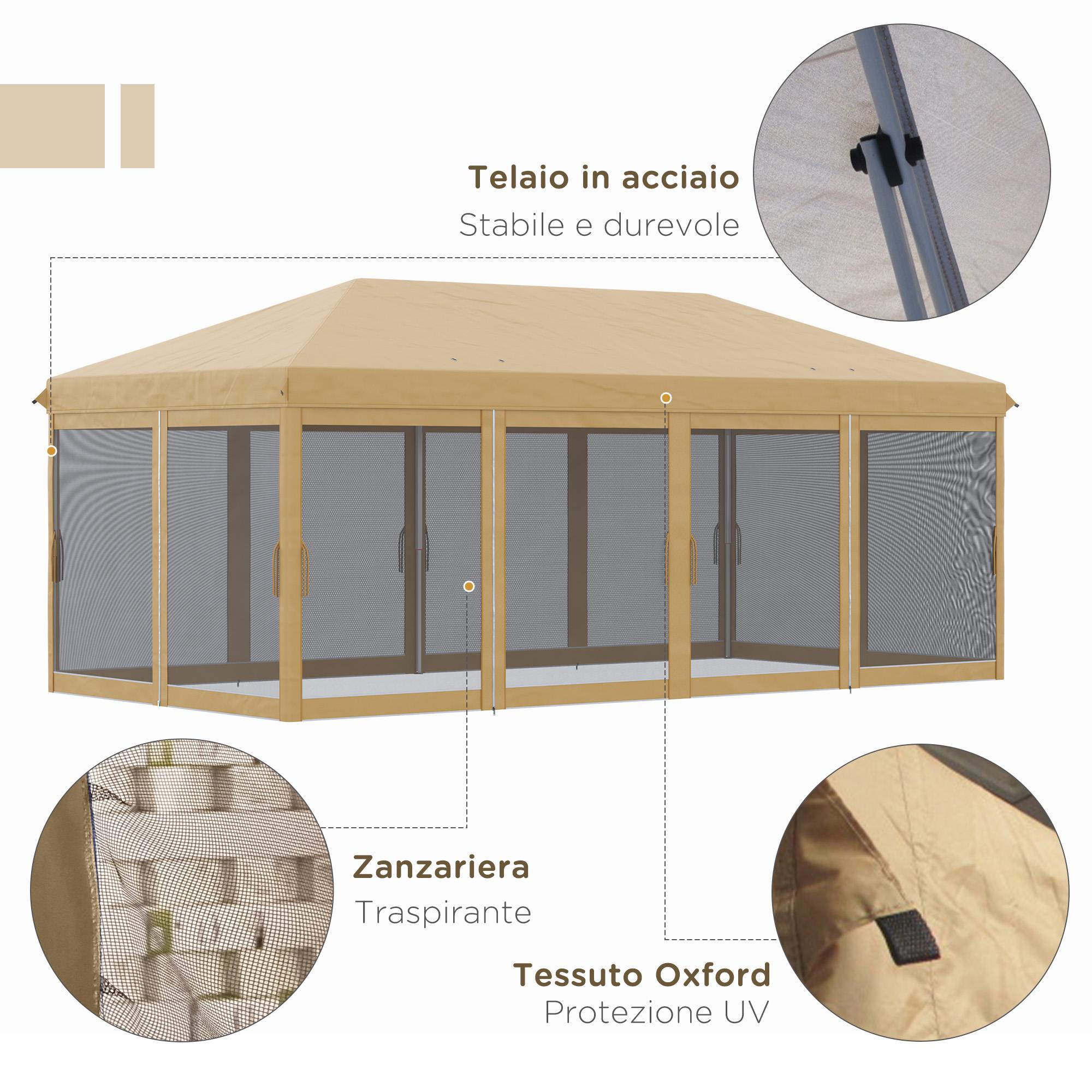 Gazebo da Giardino 6x3m Pieghevole con Zanzariera Altezza Regolabile e Borsa di Trasporto Beige