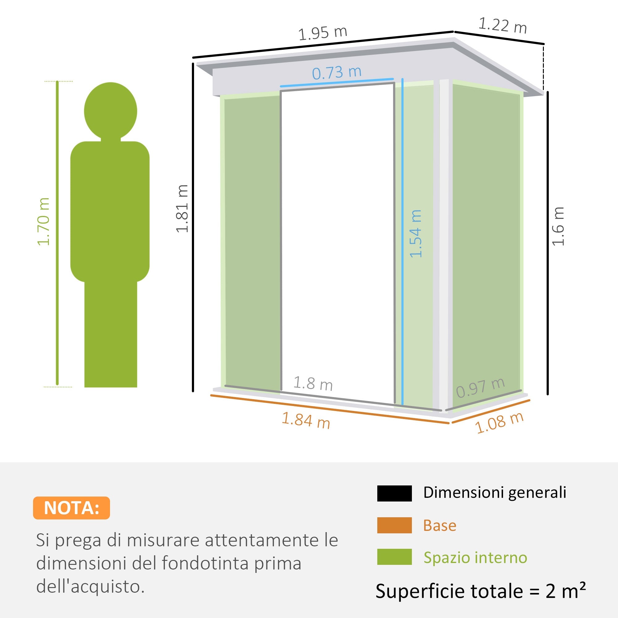 Casetta Box da Giardino 195L x 122P x 181,5/160A cm Porte Scorrevoli e Base per pavimento in Acciaio Verde