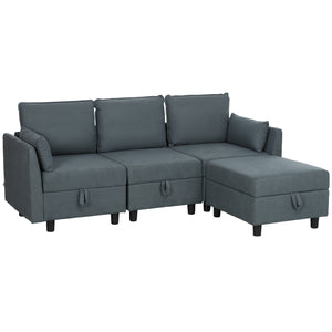 Divano 3 Posti Componibile Modulare con Pouf Poggiapiedi e Cuscini 213x156x88 cm Grigio Scuro