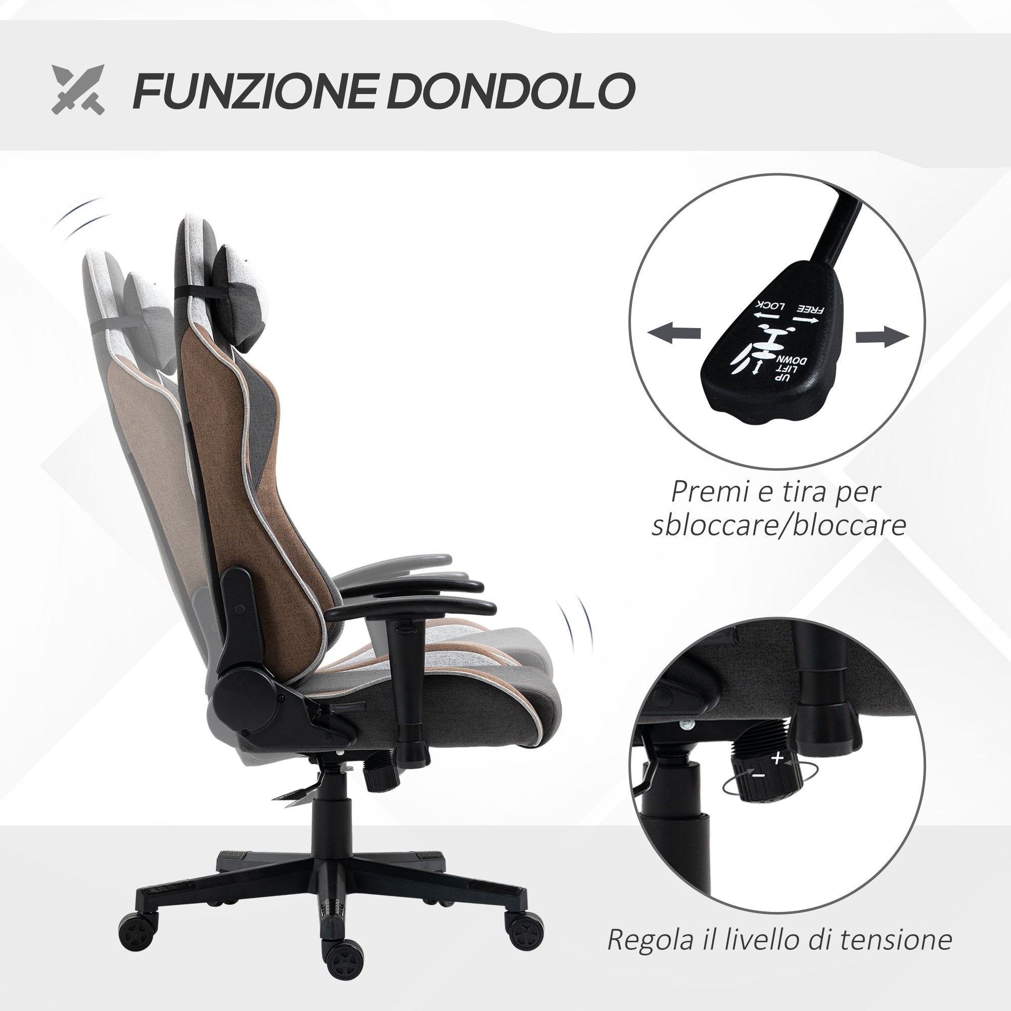 Sedia da Gaming 66x53x124-134 cm Reclinabile a 150° con Funzione Dondolo Grigio