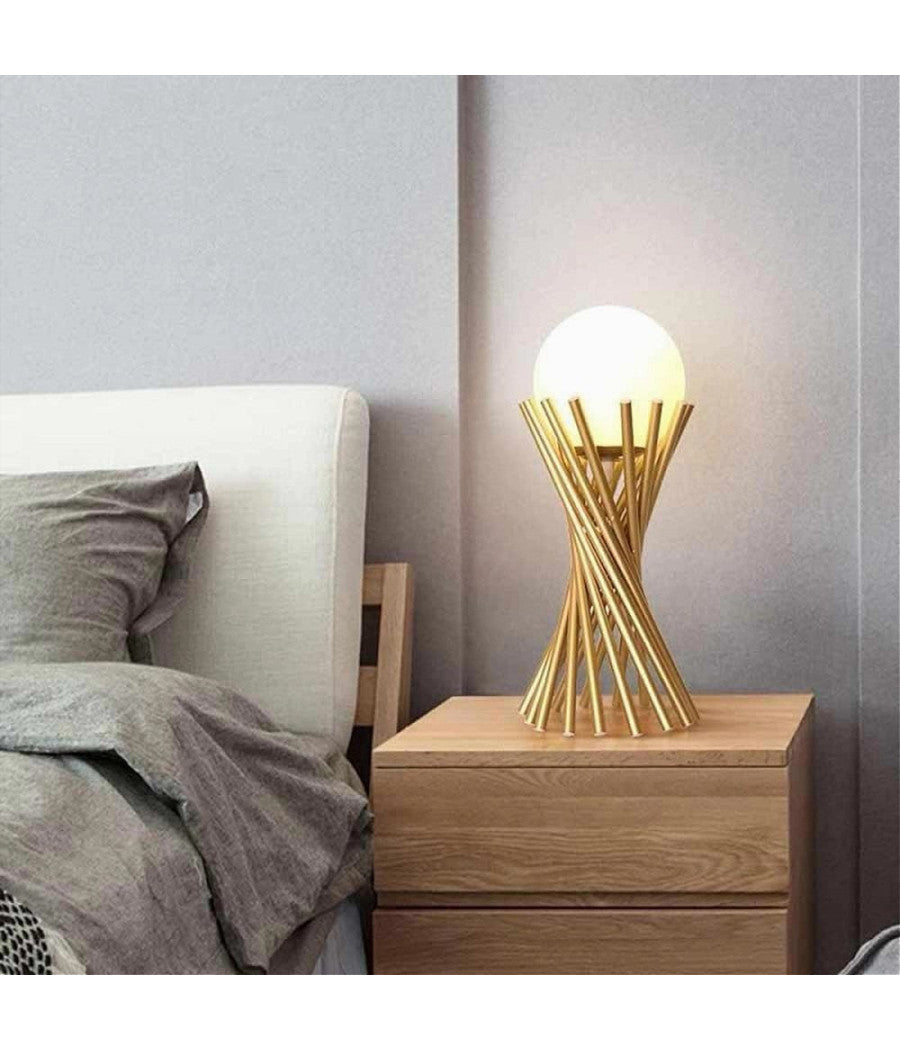 Lampada Da Tavolo Tubolare Minimalista In Metallo Bronzo Con Sfera Vetro G9 D32         