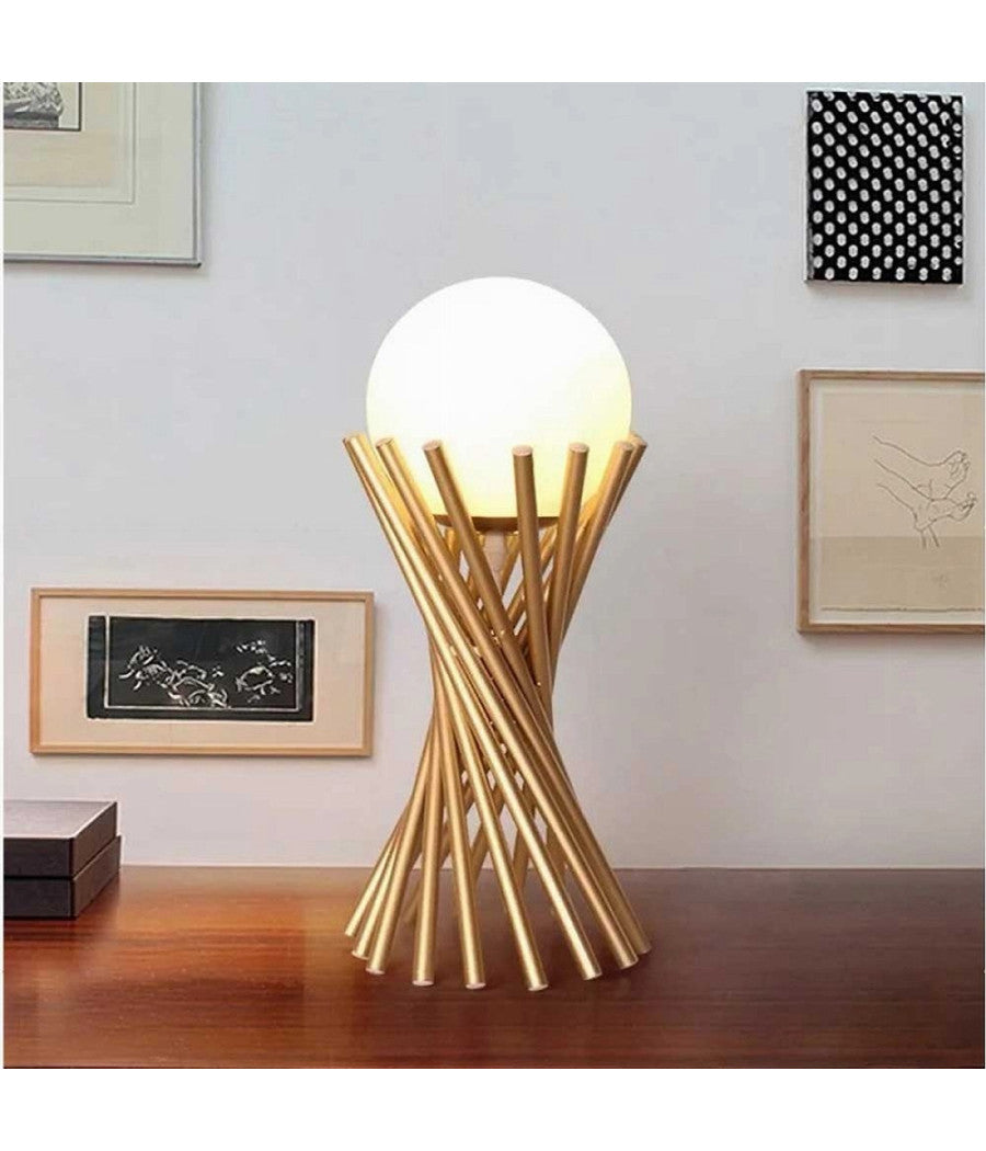 Lampada Da Tavolo Tubolare Minimalista In Metallo Bronzo Con Sfera Vetro G9 D32         