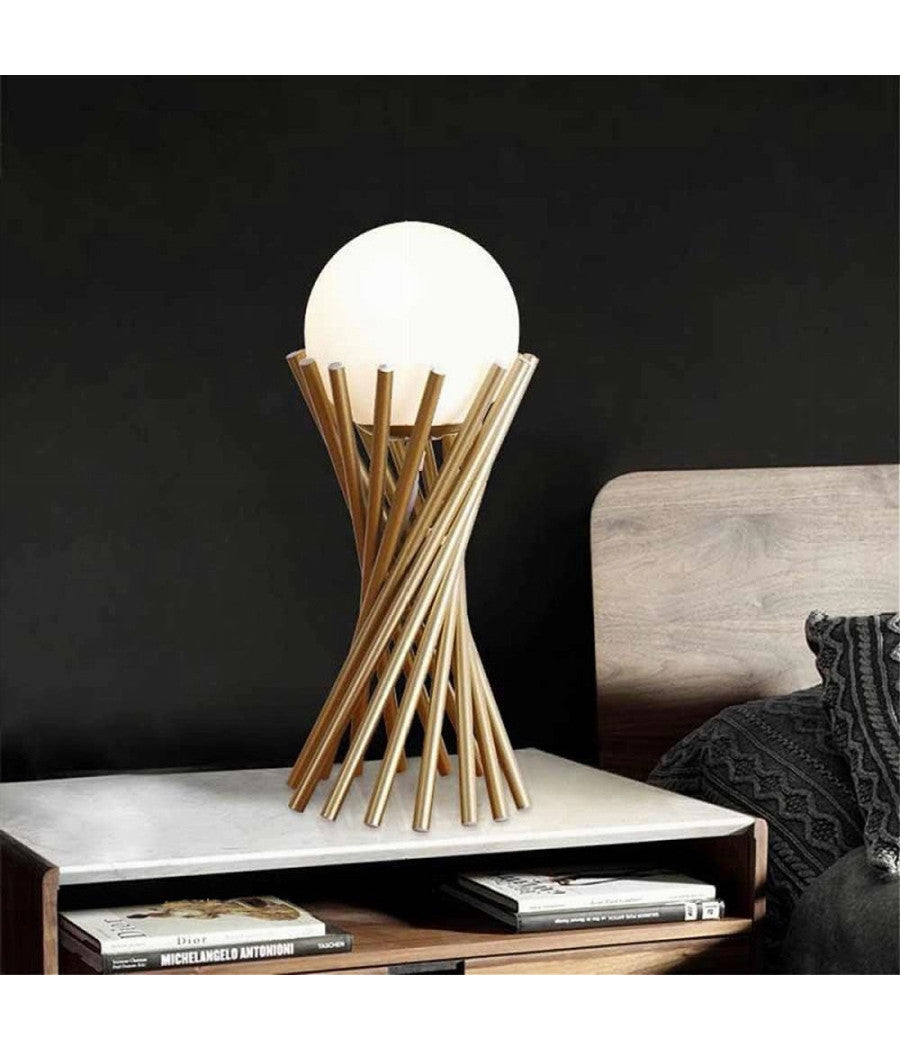 Lampada Da Tavolo Tubolare Minimalista In Metallo Bronzo Con Sfera Vetro G9 D32         