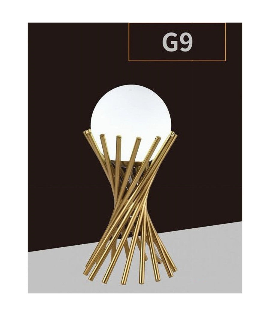 Lampada Da Tavolo Tubolare Minimalista In Metallo Bronzo Con Sfera Vetro G9 D32         