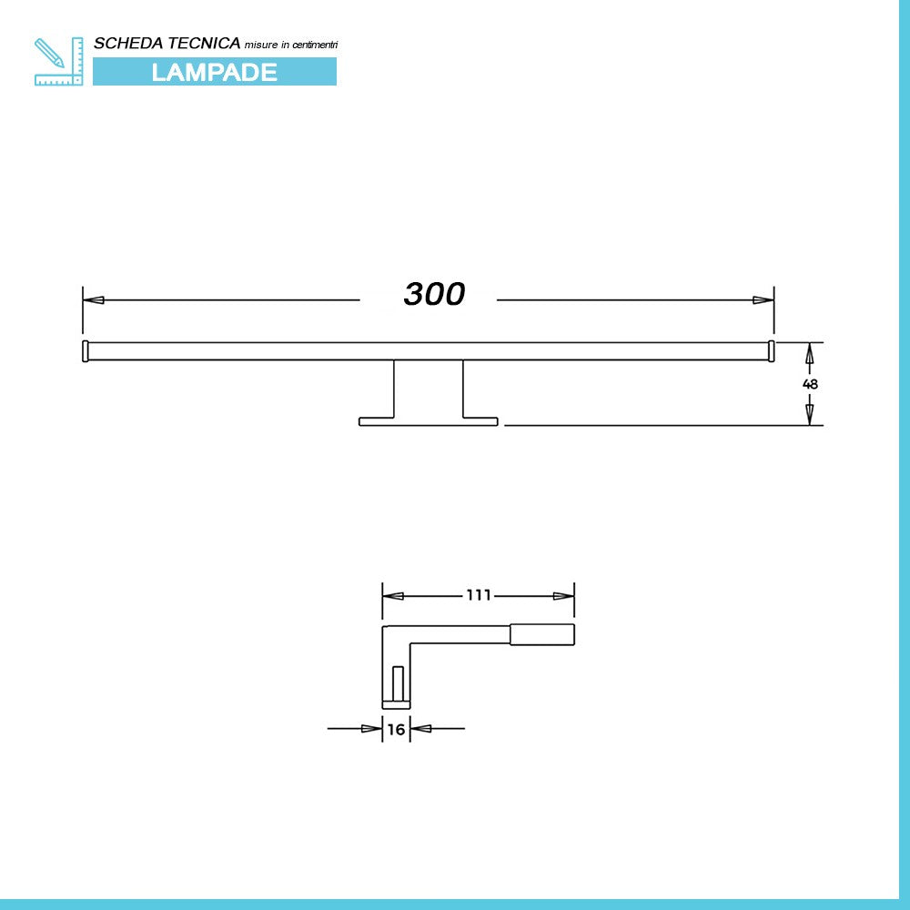 Lampada led specchio bagno L. 30 cm luce naturale 4000K in alluminio cromo