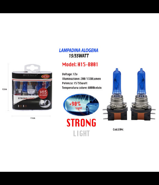 Lampadina Alogena H15 12v 55/15w Luci Fredde Auto 6000k Ricambi Maxtech H15-b001         