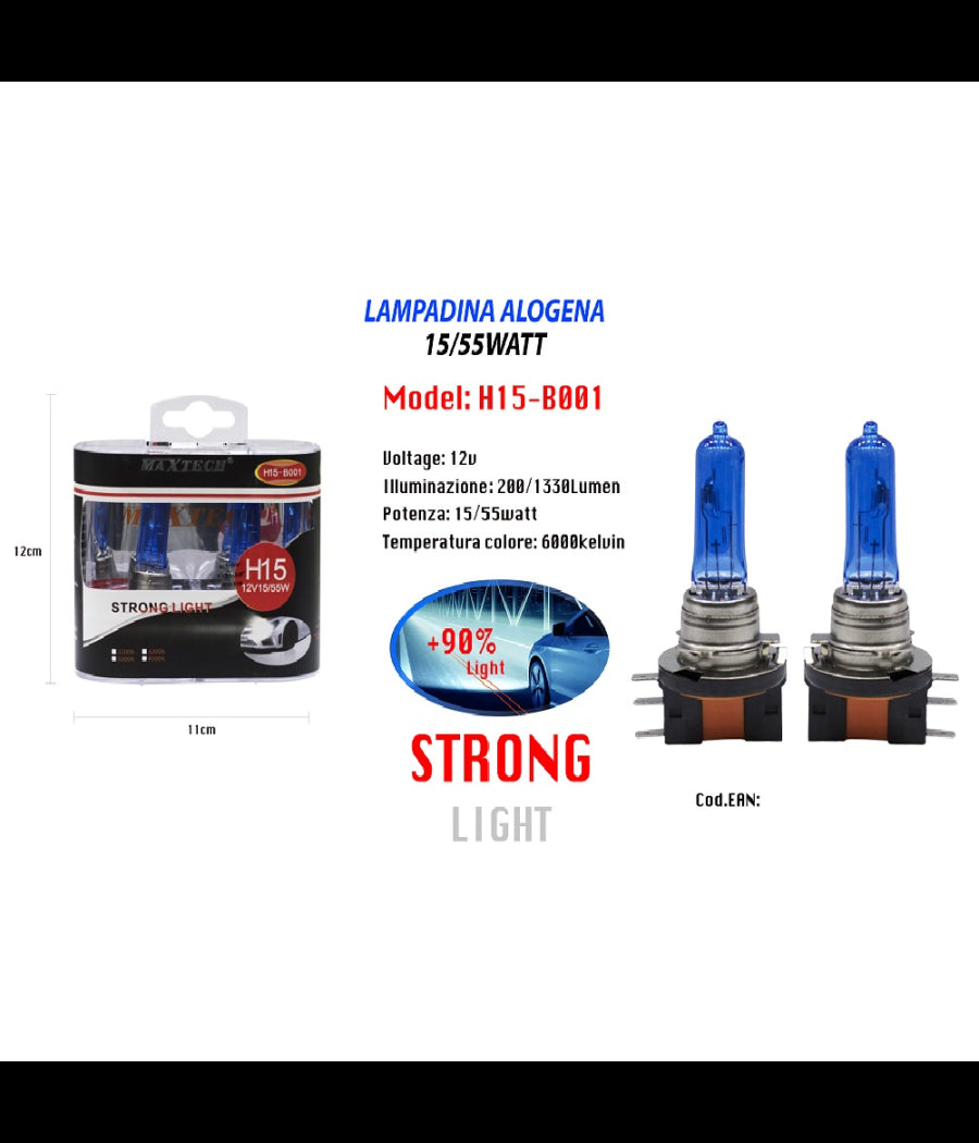 Lampadina Alogena H15 12v 55/15w Luci Fredde Auto 6000k Ricambi Maxtech H15-b001         