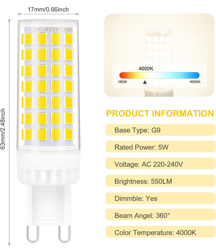 Lampadina Faretto 5w Led 72 Smd 2835 Attacco G9 Luce Bianca Fredda Calda 220v  -bianco Caldo      -