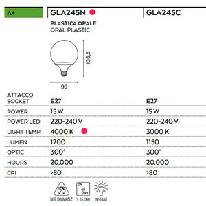 Lampadina gea led gla245n 15w e27 led 1200lm 9.5cm 4000°k 300° plastica sfera globo bianco luce naturale luce diffusa