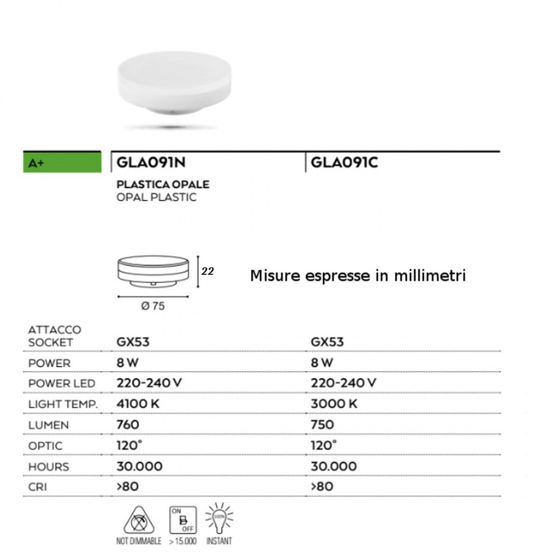 Lampadina gea led gla091 gx53 8w led 760lm luce calda luce naturale attacco baionetta, tonalità luce 3000°k (luce calda)