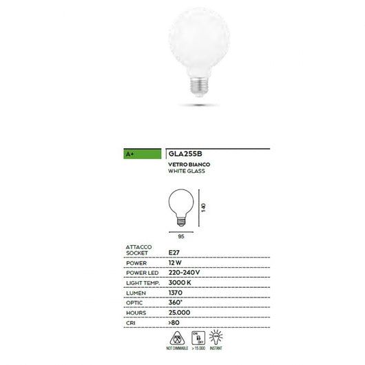 Lampadina gea led gla255b 12w e27 led 1370lm 9.5cm 3000°k vetro bianco sfera globo