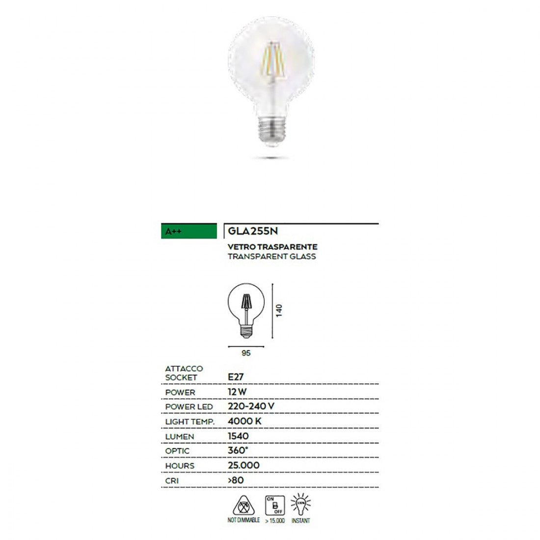 Lampadina gea led gla255n e27 12w led 1540lm 4000°k 360° vetro trasparente